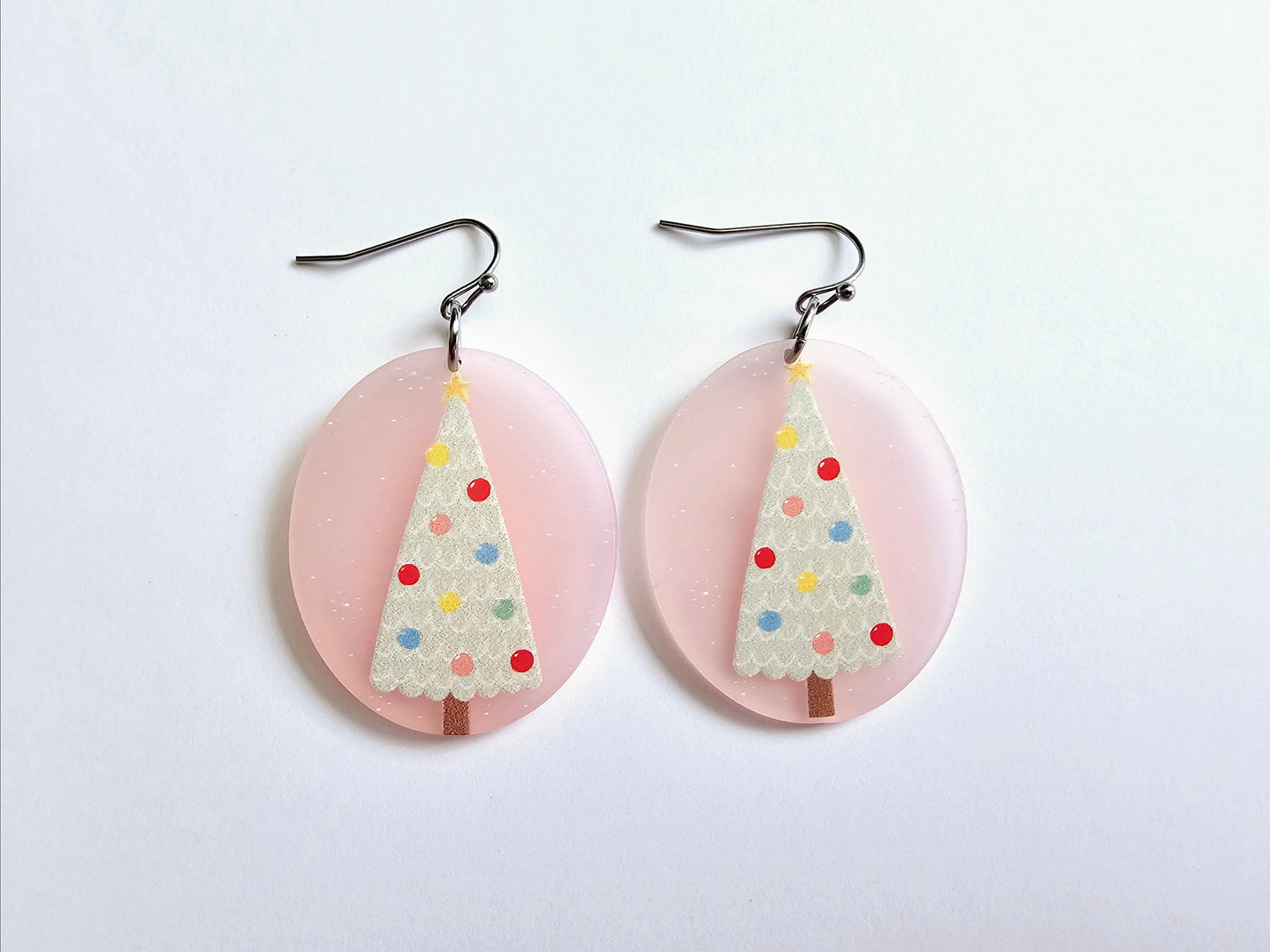 Pastel Pink Christmas Tree Earrings - Hypoallergenic Handmade Christmas Gift - Christmas Earrings - Festive Jewelry - Holiday Gifts - Handmade Earrings