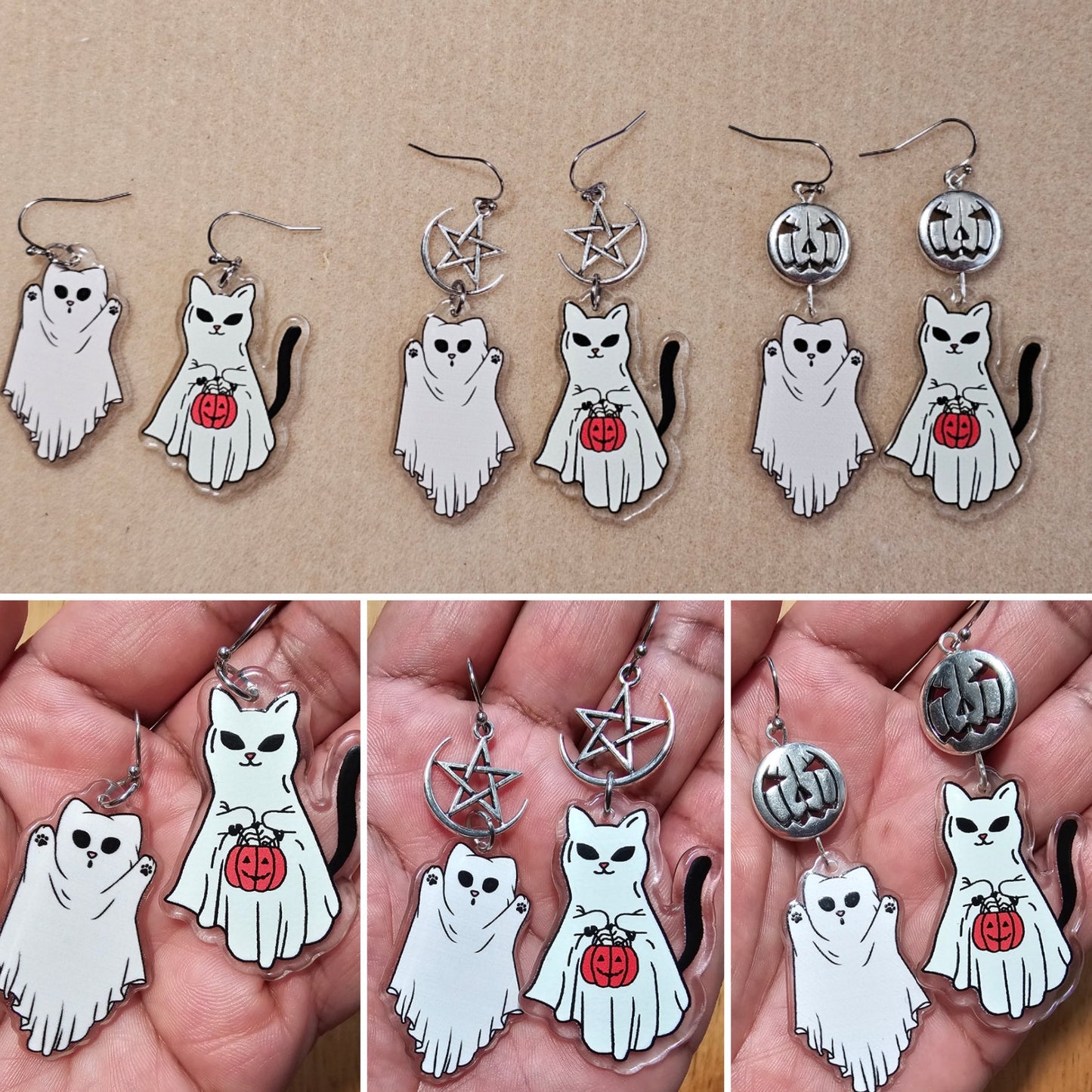 Boucles d’oreilles hypoallergéniques White Ghost Cat - Boucles d’oreilles pentagramme faites à la main - Boucles d’oreilles Lune et Étoile Halloween