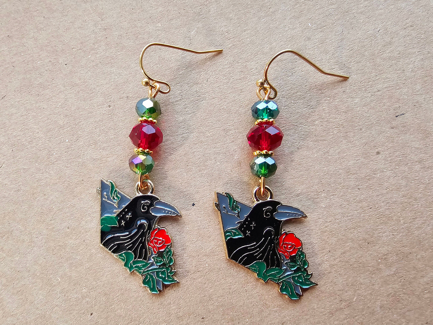 Raven earrings in Christmas colours with  hypoallergenic titanium or surgical steel ear wires.