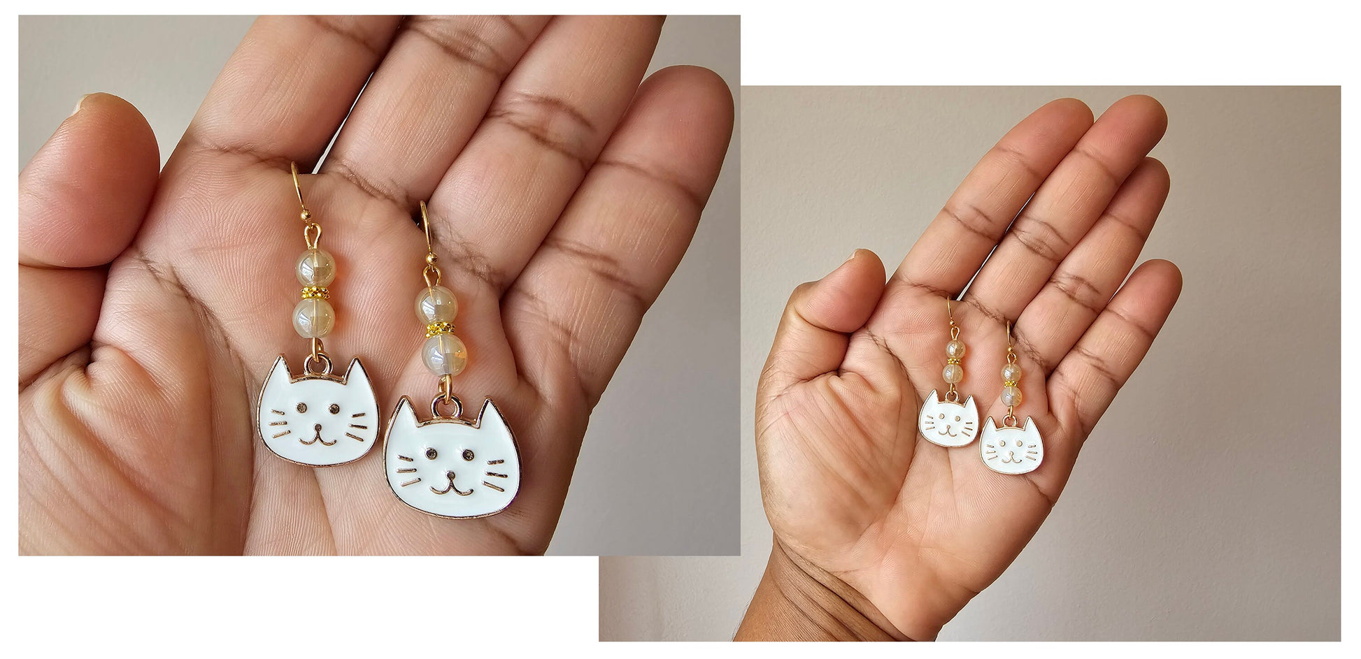 Gold and white cat beaded earrings.