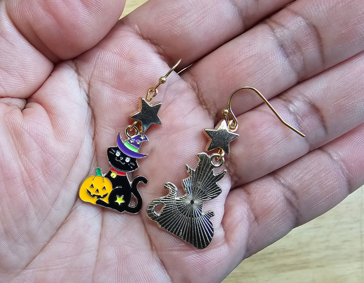 Hypoallergenic Black Cat in Wizard Hat Earrings - Handmade Jack O Lantern Earrings