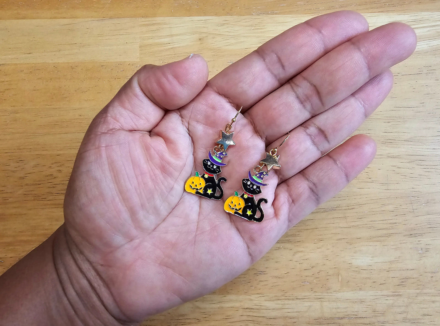 Hypoallergenic Black Cat in Wizard Hat Earrings - Handmade Jack O Lantern Earrings