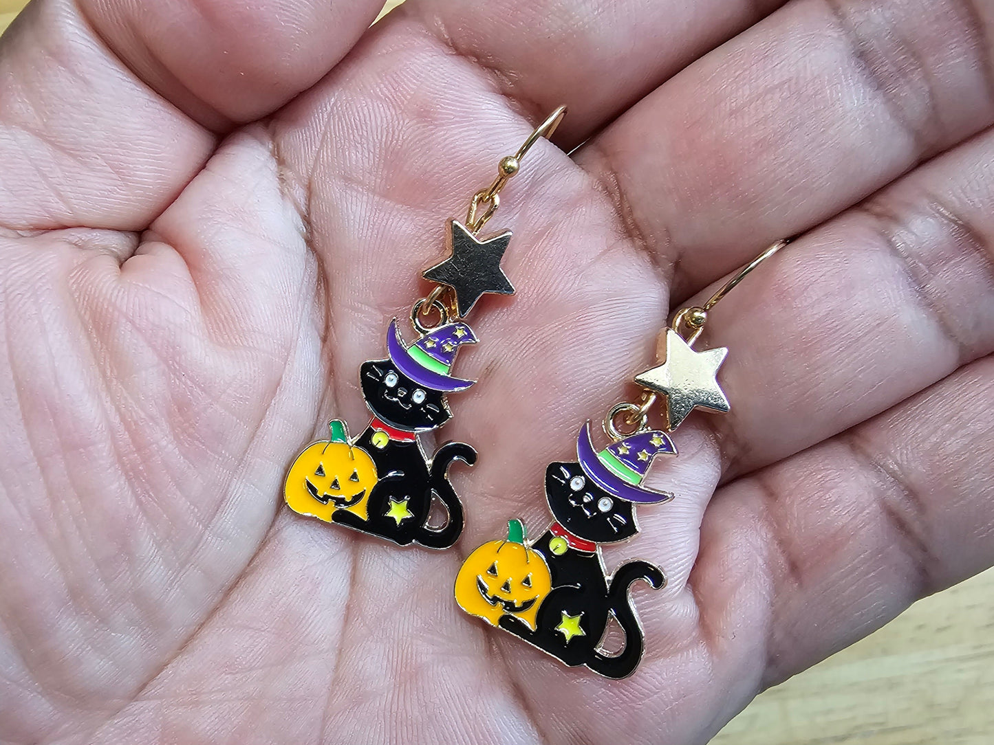 Hypoallergenic Black Cat in Wizard Hat Earrings - Handmade Jack O Lantern Earrings