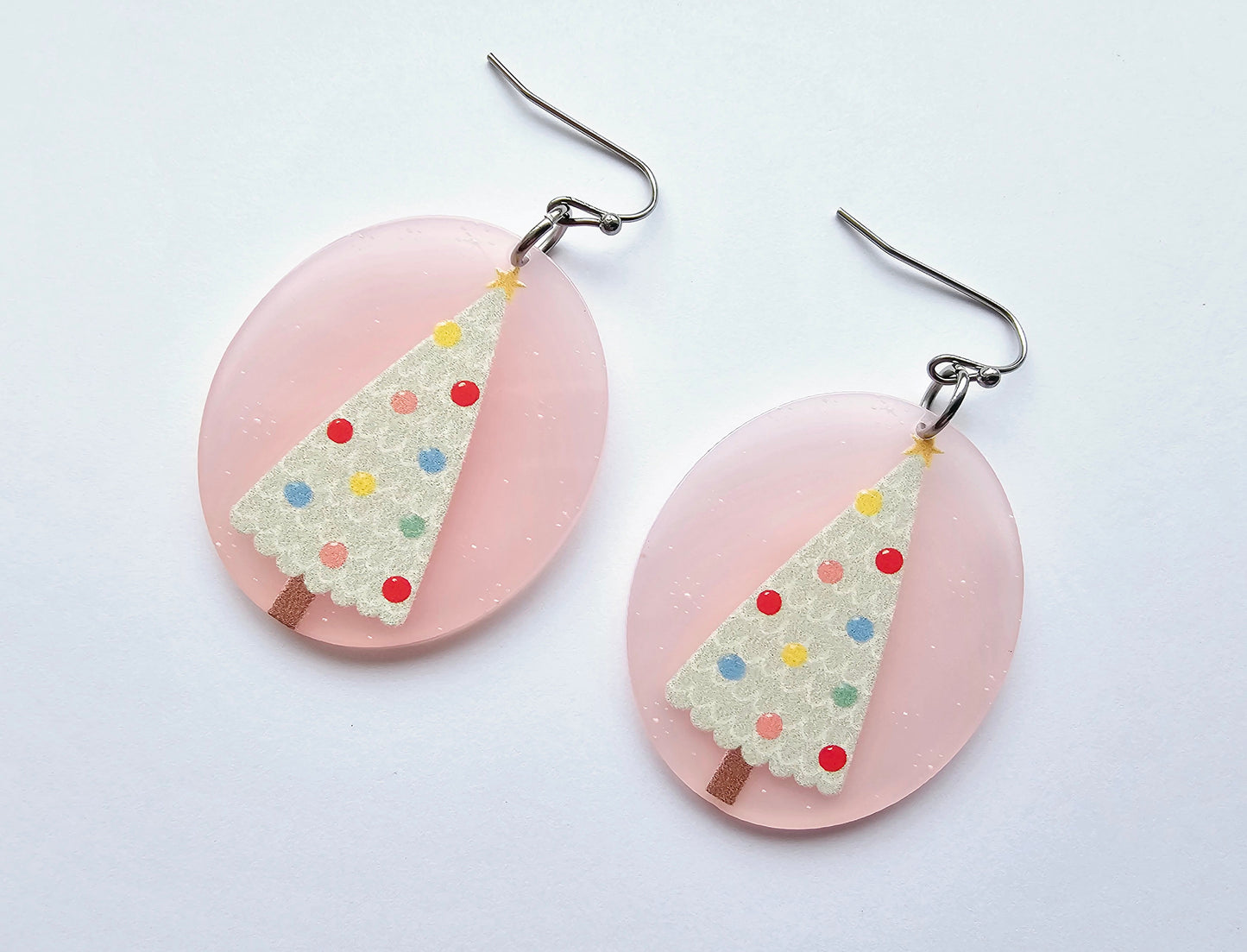 Pastel Pink Christmas Tree Earrings - Hypoallergenic Handmade Christmas Gift - Christmas Earrings - Festive Jewelry - Holiday Gifts - Handmade Earrings