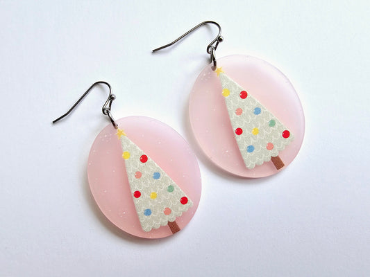 Pastel pink Christmas tree earrings