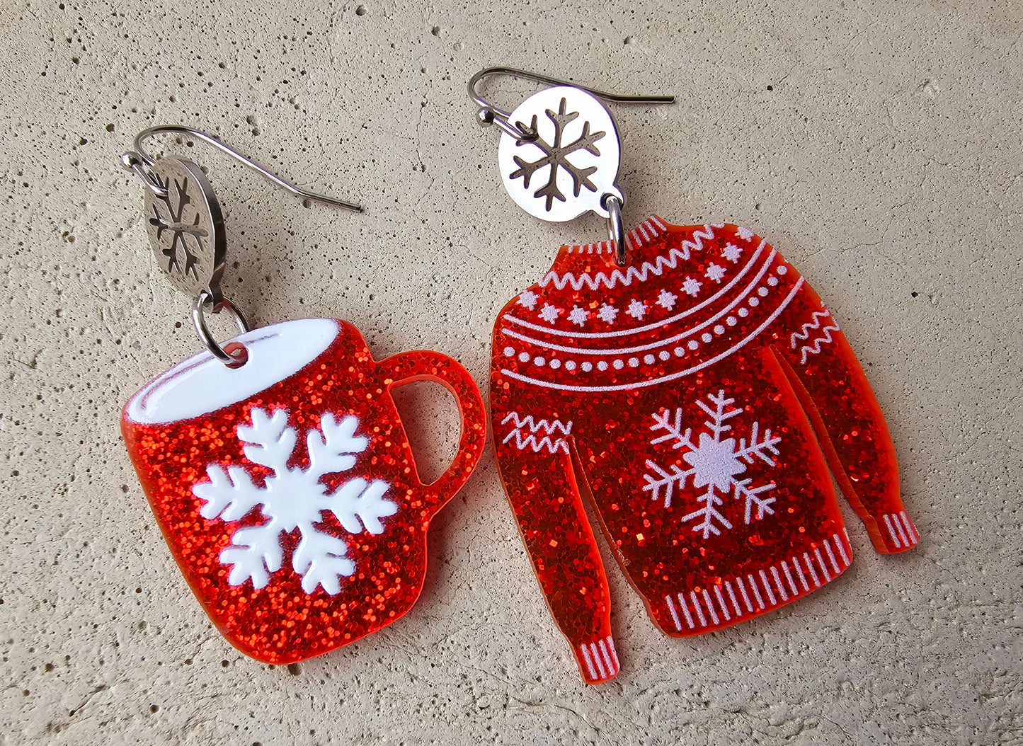 Ugly Sweater Earrings - Hot Coco Chocolate Mug Earrings - Sweater and Mug Mismatched Earrings