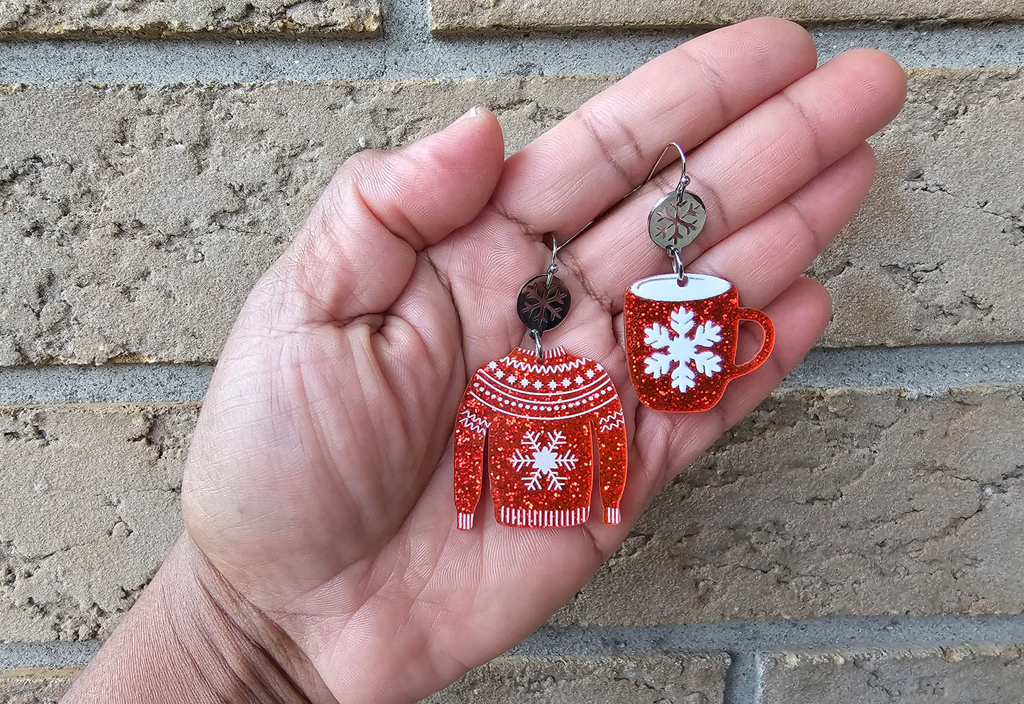 Ruby, Christmas red sweater earrings and mug earrings.