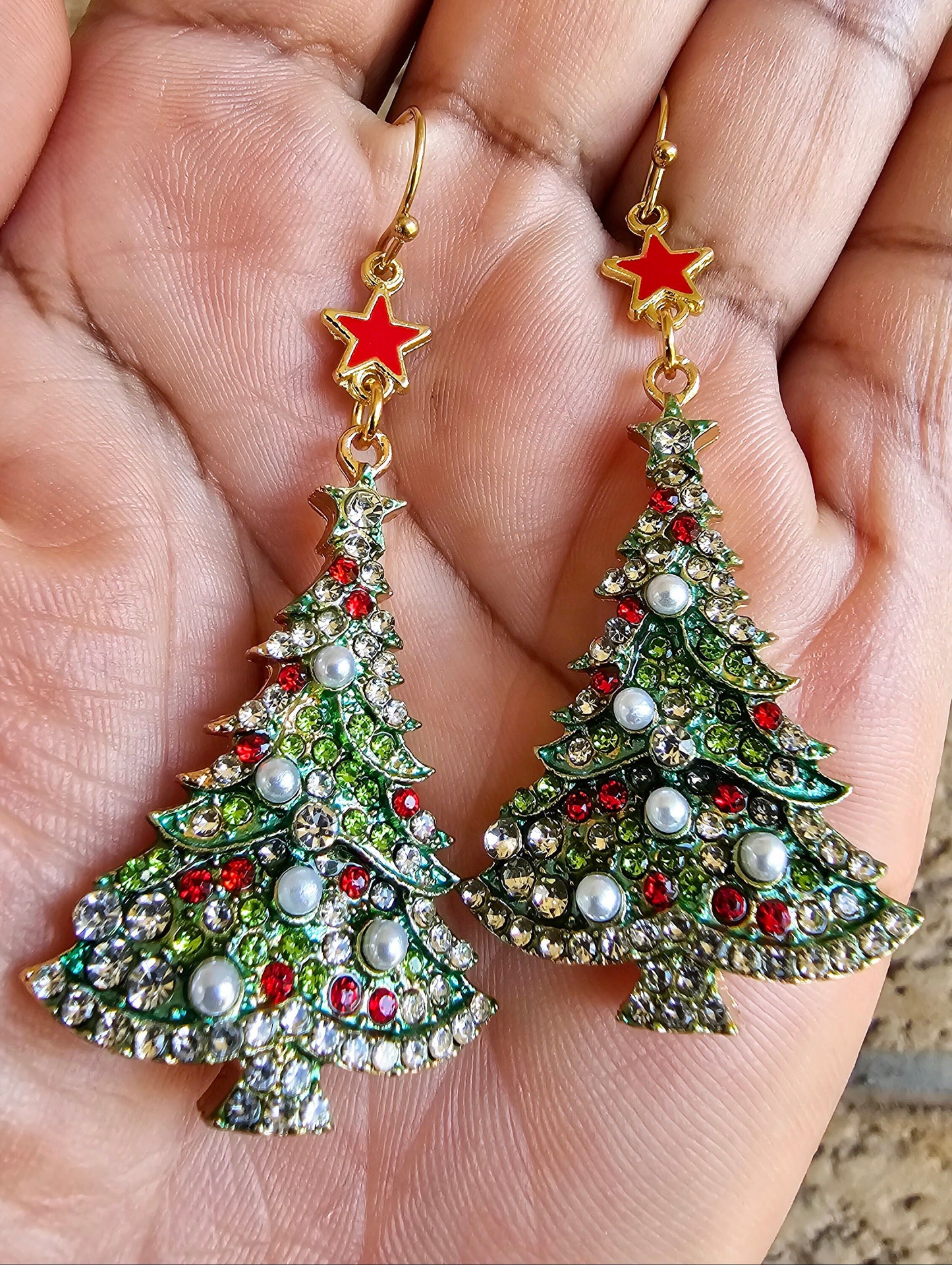 Gorgeous Christmas tree earrings in traditional Christmas colours of red, green and white.