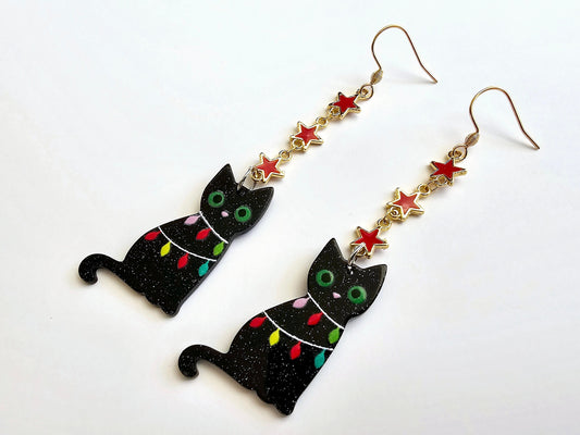 Black cat Christmas earrings with hypoallergenic surgical steel or titanium ear wires.