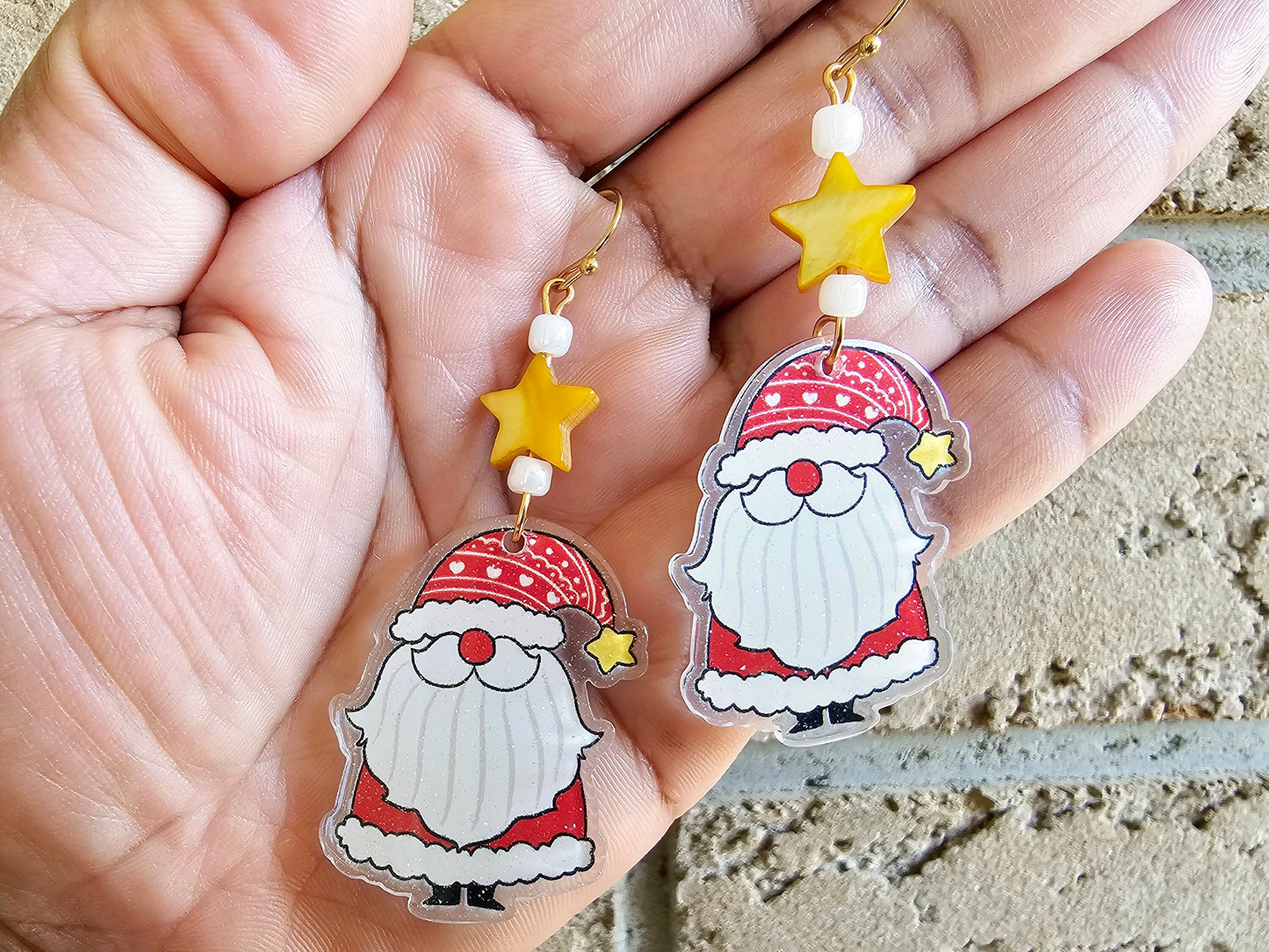 Gnome earrings with sea shell beads and hypoallergenic ear wires: gold plated steel or titanium.