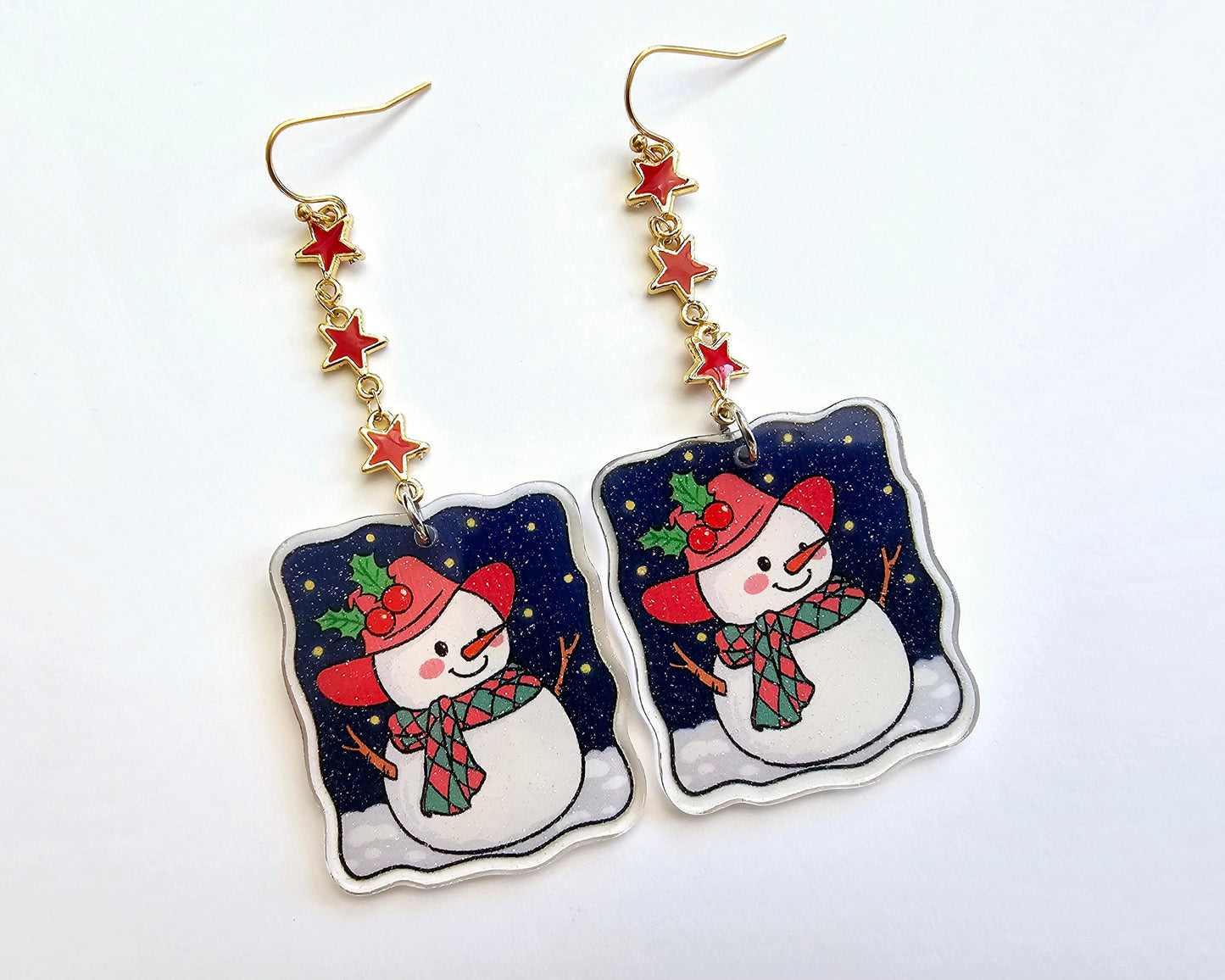 Handmade Snowman Earrings - Hypoallergenic Christmas Earrings - Festive Star Earrings