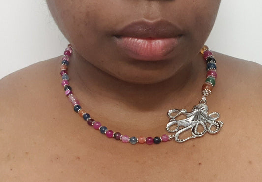 Asymmetric octopus gemstone necklace.