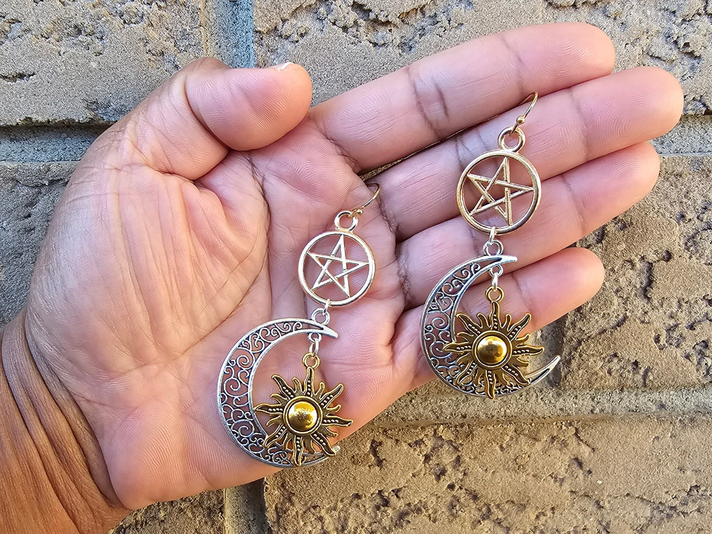 Pentacle Sun and Moon Earrings - Hypoallergenic Handmade Gift - Pentagram Earrings