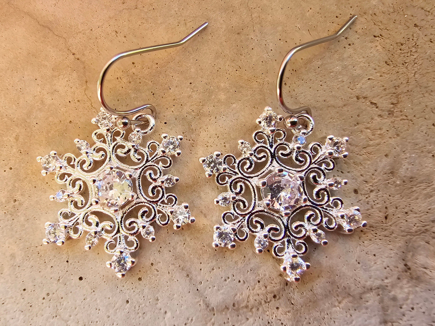 Cubic Zirconia Gemstone Snowflake Earrings - Hypoallergenic Handmade Christmas Gift