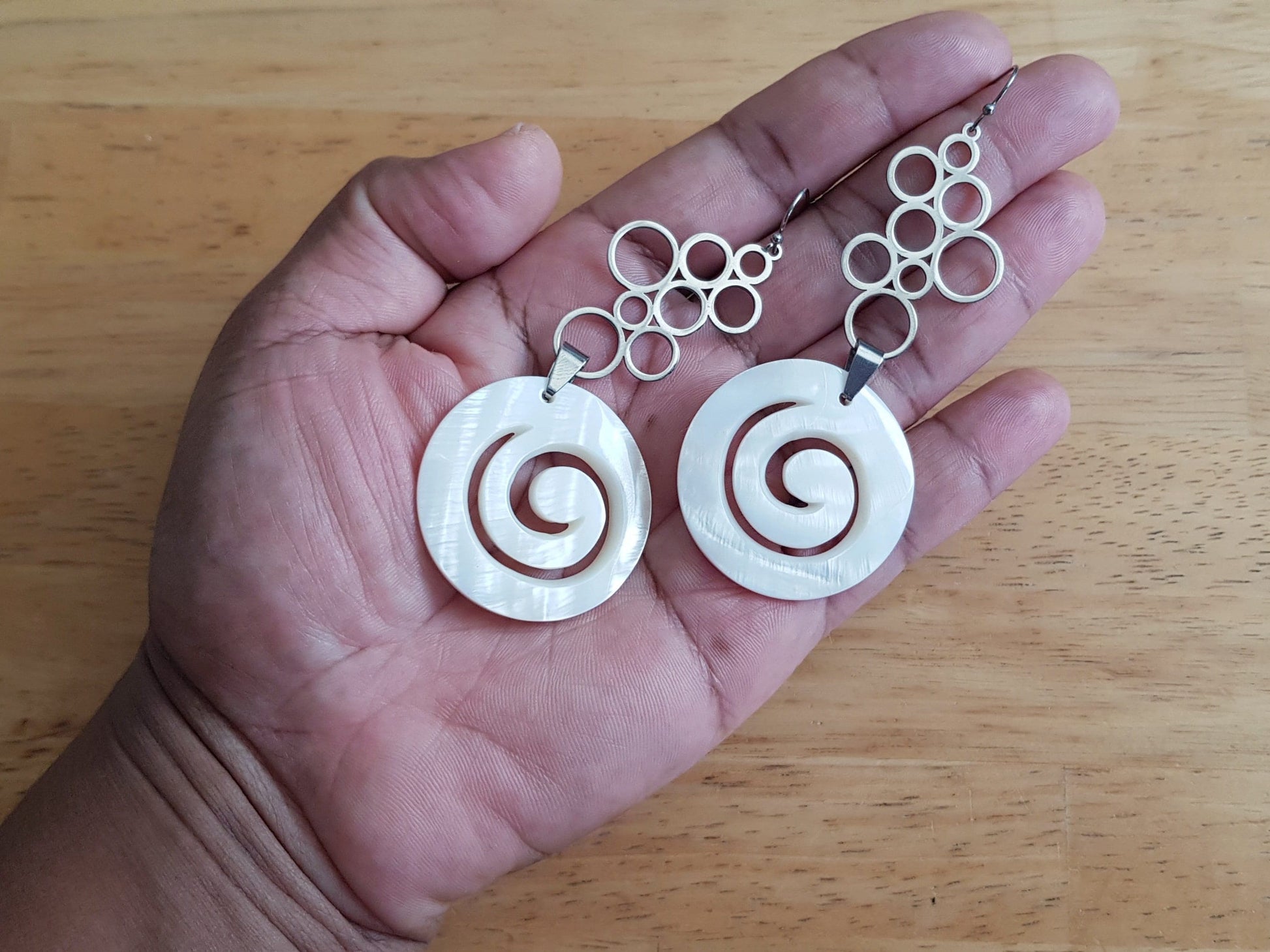 Spiral mother of pearl earrings, beautiful statement earrings, bridal earring.