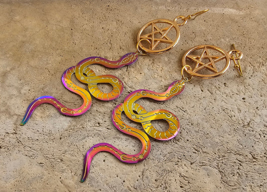 Handmade Gold Pentagram Snake Earrings - Hypoallergenic Celestial Moon and Star Pentacle Jewelry - Witchy Gifts