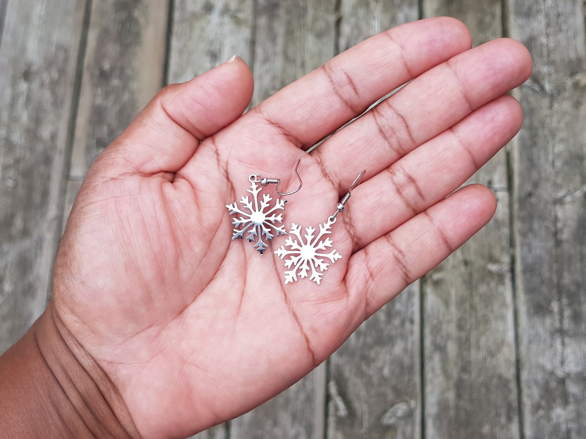 Laser cut stainless steel snowflake earrings.