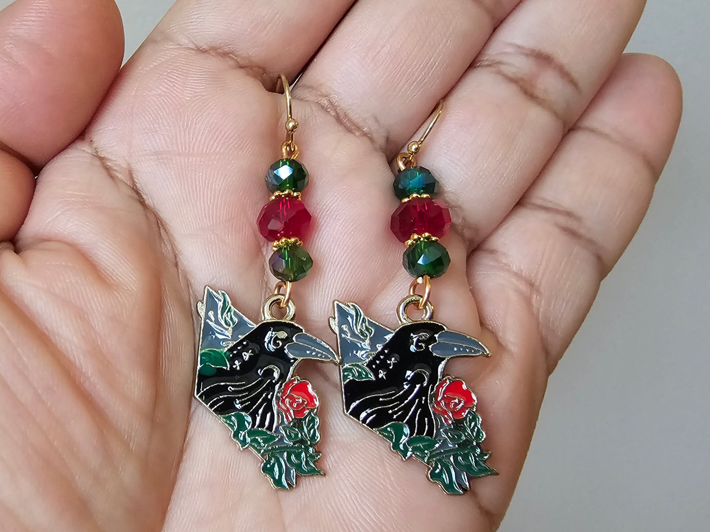 Christmas Raven Earrings - Handmade Hypoallergenic Crow Earrings - Handmade Gift - Festive Witchy Earrings - Gothic Jewelry - Holiday Gift Birthday Gift