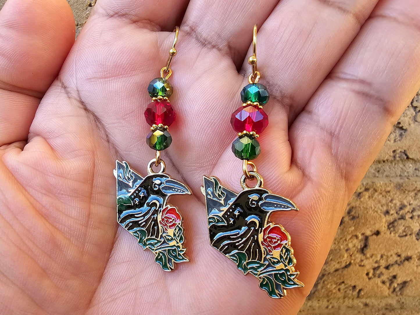 Christmas Raven Earrings - Handmade Hypoallergenic Crow Earrings - Handmade Gift - Festive Witchy Earrings - Gothic Jewelry - Holiday Gift Birthday Gift