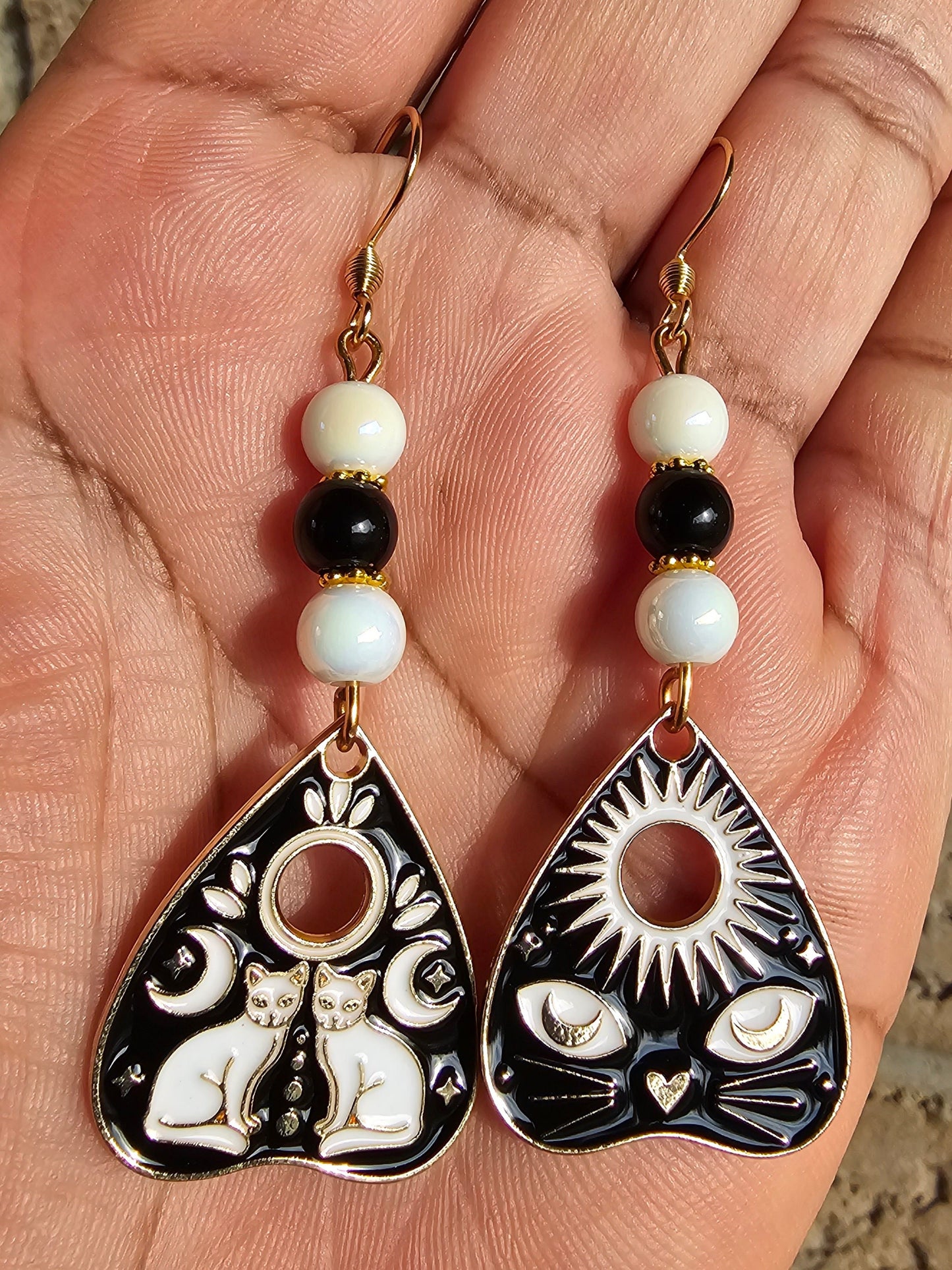 Handmade Ouija Board Cat Earrings - Hypoallergenic Planchette Witchy Earrings