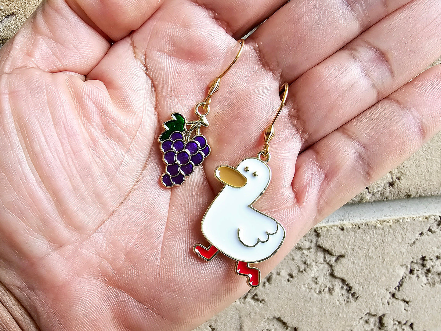 Duck and Grape Earrings - Hypoallergenic Goose Earrings - Handmade Gift - Cute Quirky Earrings