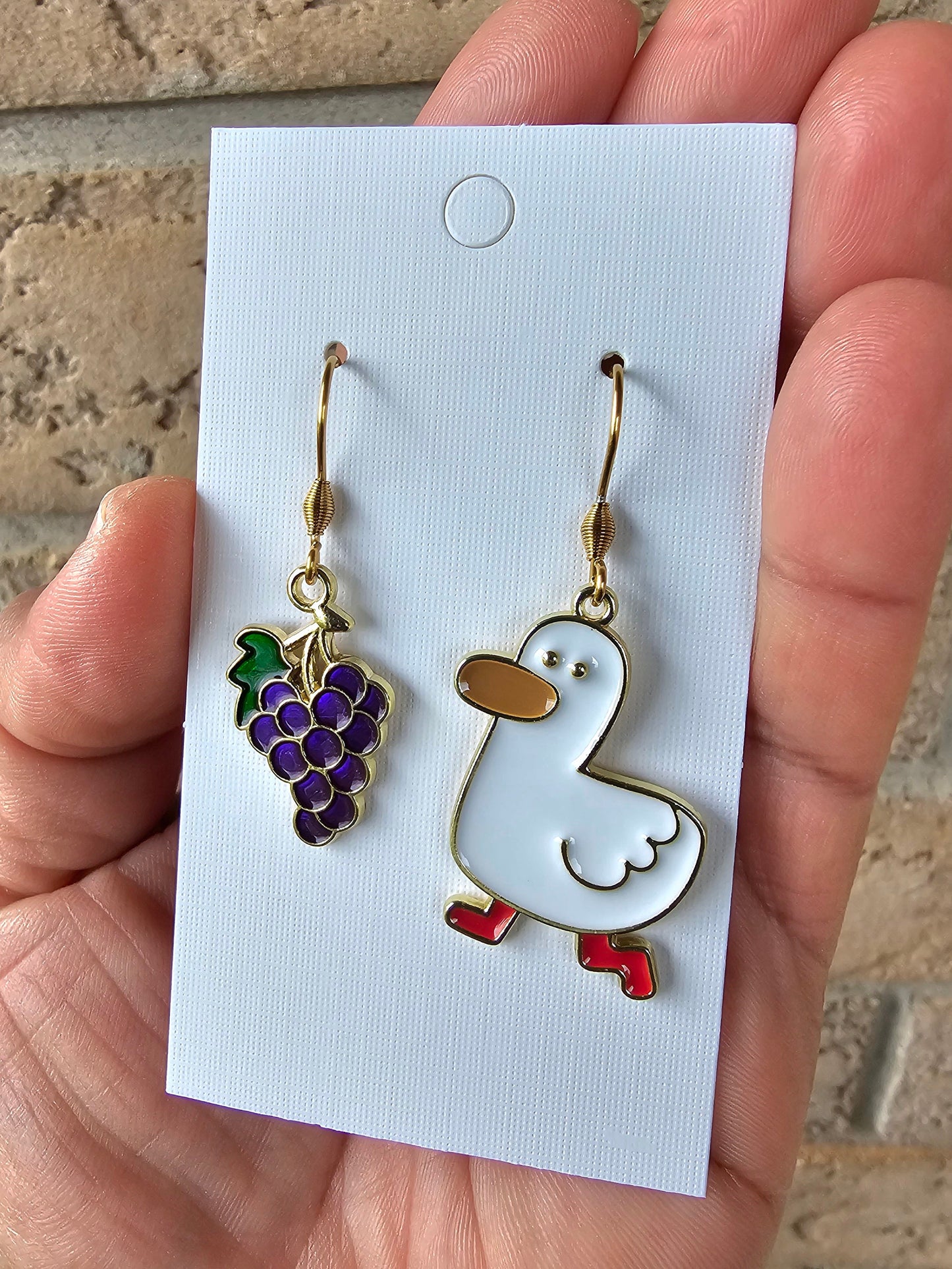 Duck and Grape Earrings - Hypoallergenic Goose Earrings - Handmade Gift - Cute Quirky Earrings