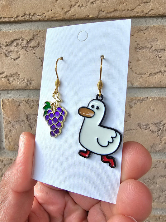 Duck earrings, Goose earrings, Grape earrings.