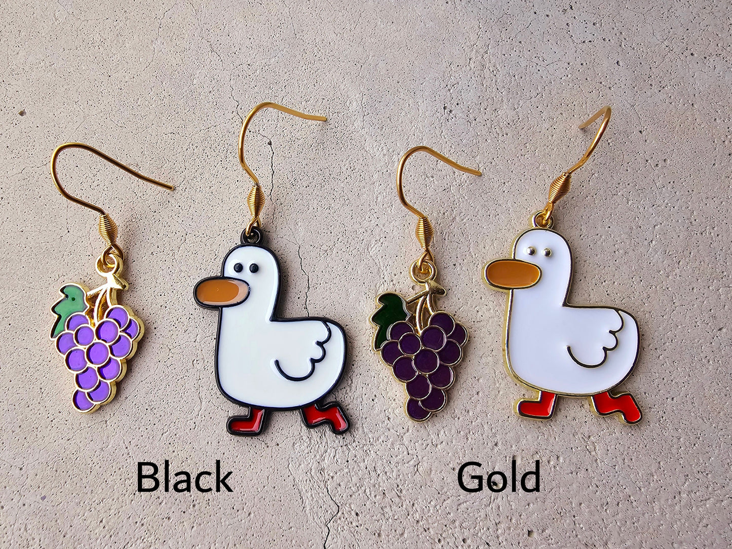 Duck and Grape Earrings - Hypoallergenic Goose Earrings - Handmade Gift - Cute Quirky Earrings