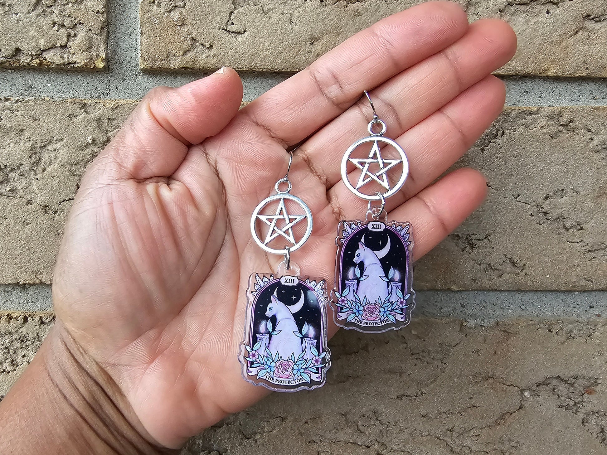 Pentacle cat earrings. Witchy gift.