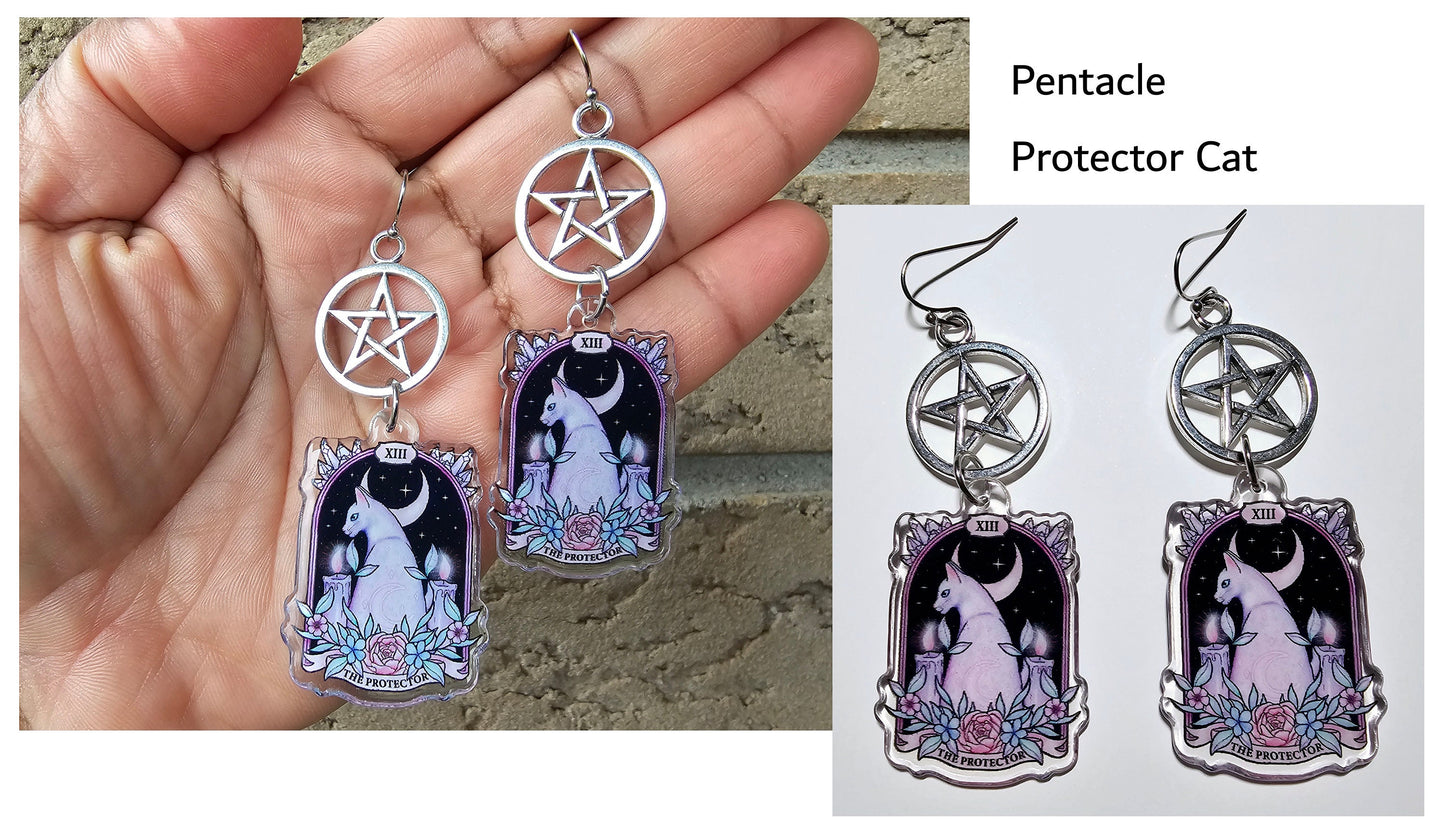 White Cat Earrings - Handmade Hypoallergenic Pentagram Earrings - Pentacle Cat Gifts