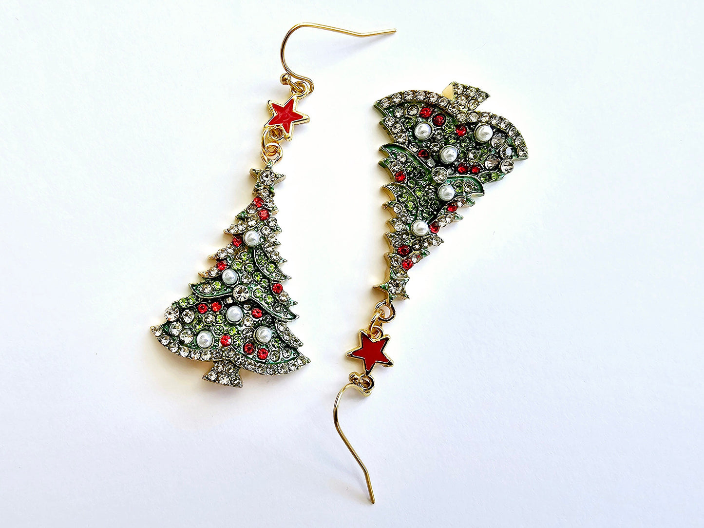 Christmas Tree Earrings - Hypoallergenic Rhinestone Earrings - Pearl Earrings - Handmade Christmas Gift - Holiday Gifts - Handmade Jewelry