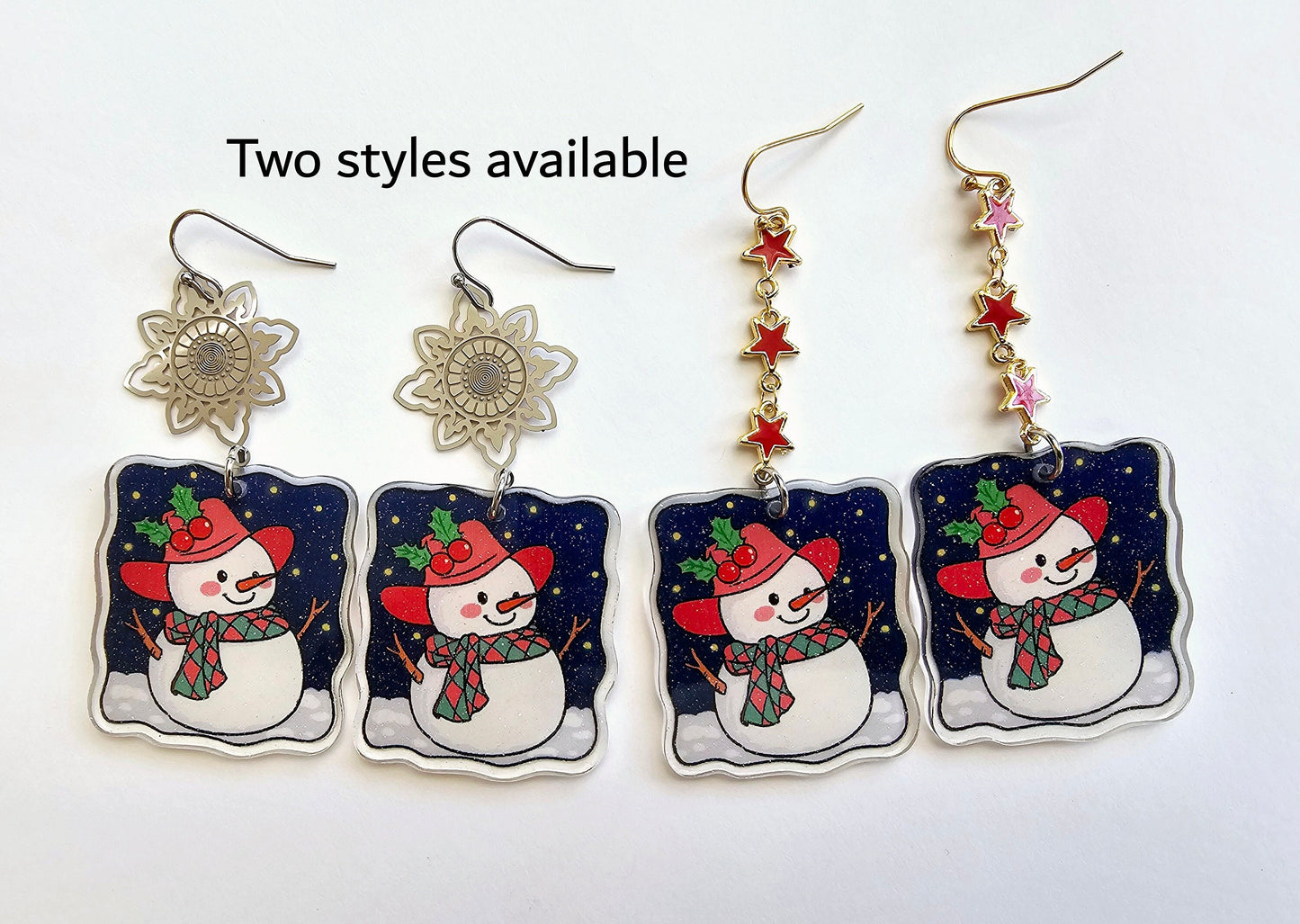 Festive snowman earrings with hypoallergenic titanium or steel ear wires.