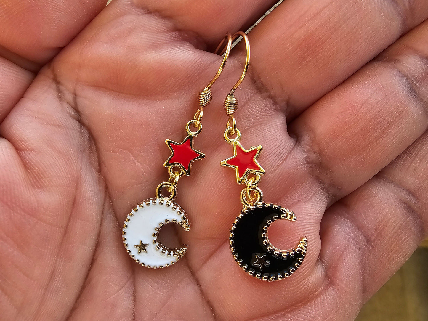 Mismatched Crescent Moon Earrings - Red Star and Moon Earrings - Witchy Earrings Gift