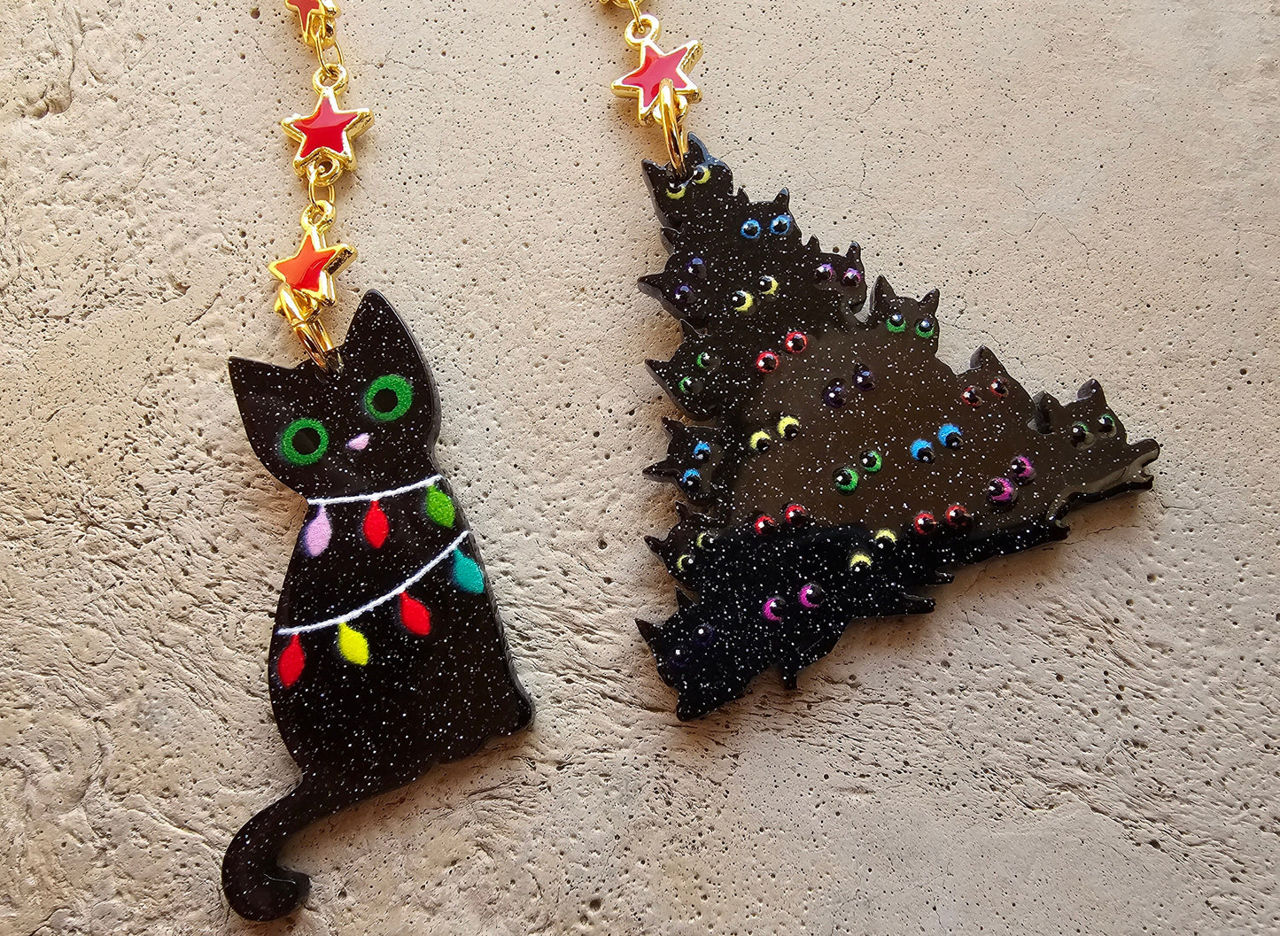 Christmas Cat Mismatched Earrings - Cat Pile Christmas Tree Earrings - Hypoallergenic Handmade Cat Gift