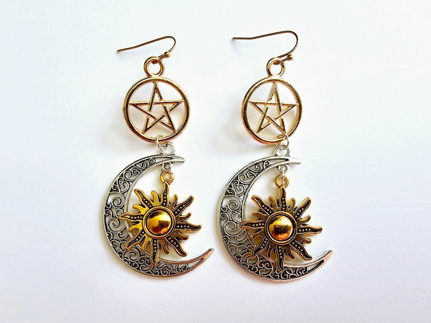 Pentacle Sun and Moon Earrings - Hypoallergenic Handmade Gift - Pentagram Earrings