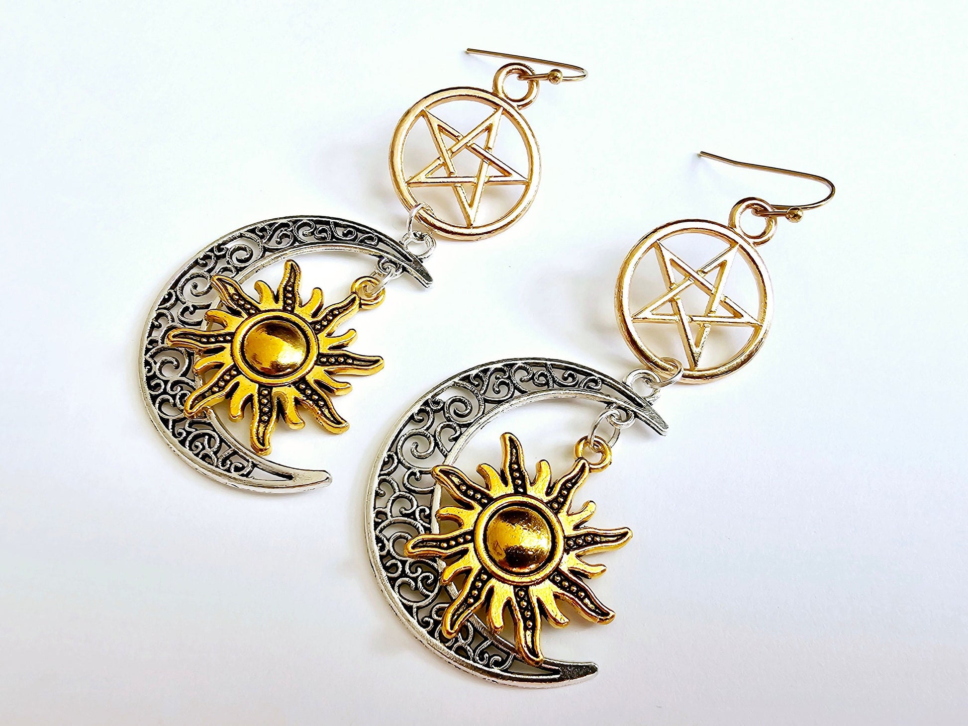 Sun and moon pentagram earrings. Pentacle Earrings.