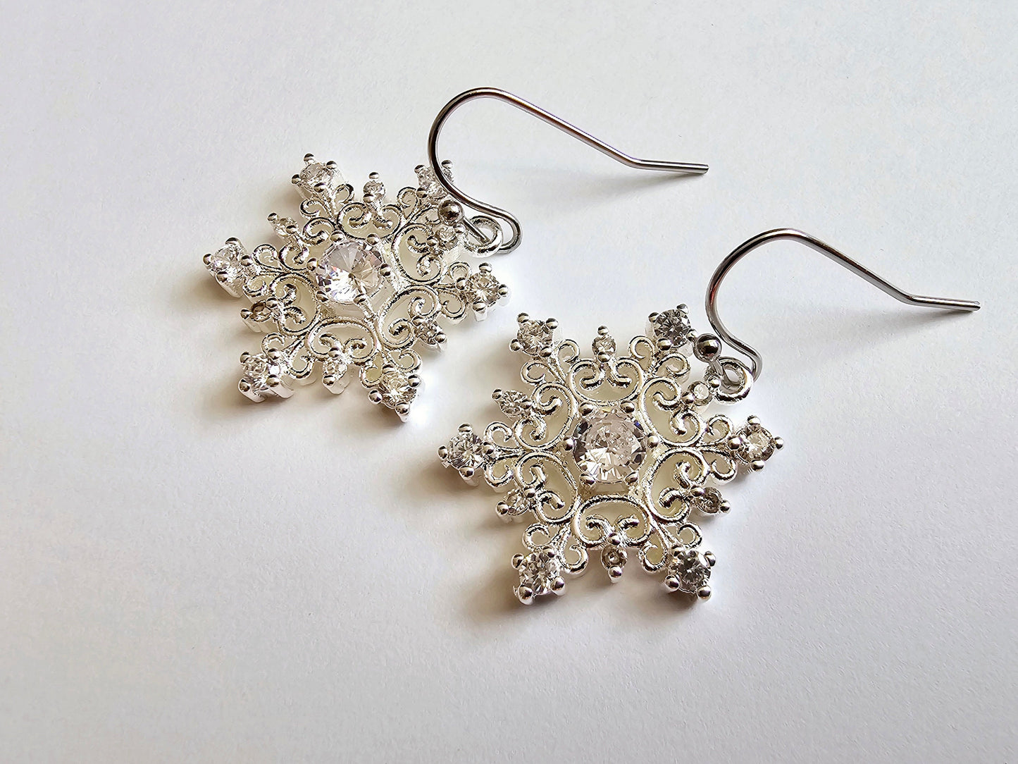 Cubic Zirconia Gemstone Snowflake Earrings - Hypoallergenic Handmade Christmas Gift