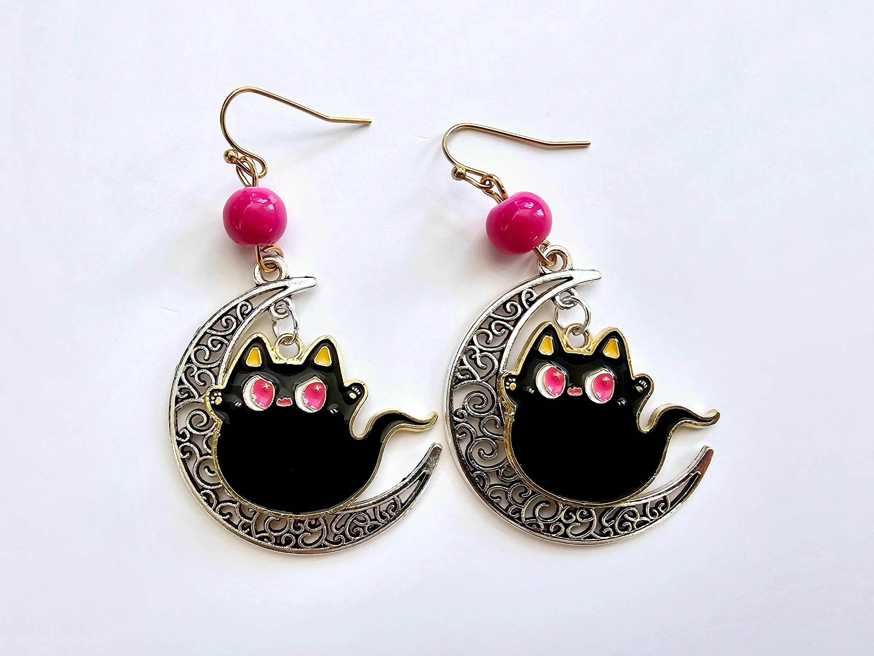 Black cat earrings, ghost earrings, pink and black earrings, crescent moon earrings.