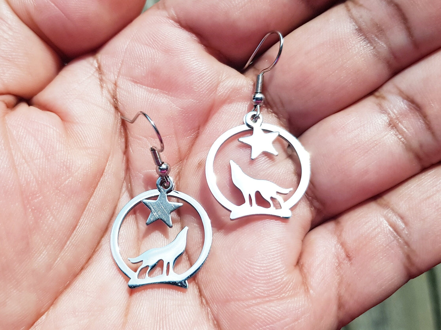 Stainless Steel wolf earrings with hypoallergenic ear wires. Steel or titanium.