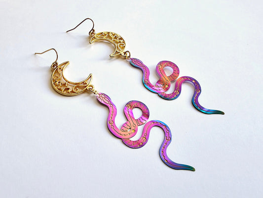 Handmade Crescent Moon Snake Earrings - Celestial Earrings - Witchy Jewelry - Hypoallergenic Titanium and Steel Earrings