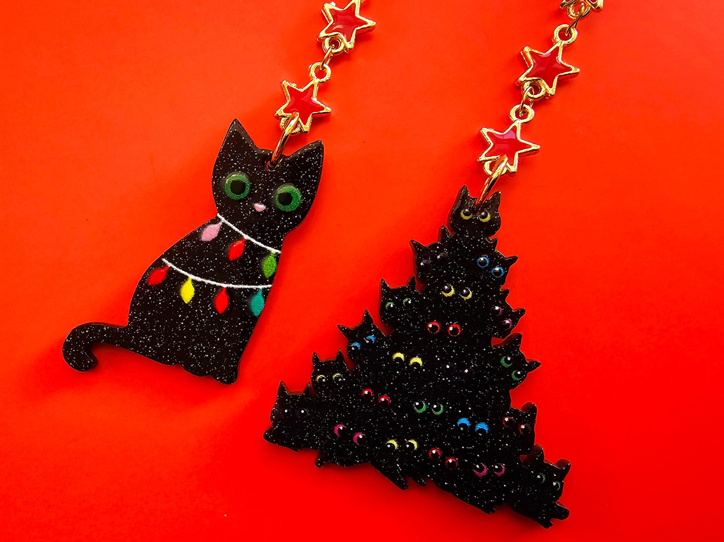 Christmas Cat Mismatched Earrings - Cat Pile Christmas Tree Earrings - Hypoallergenic Handmade Cat Gift