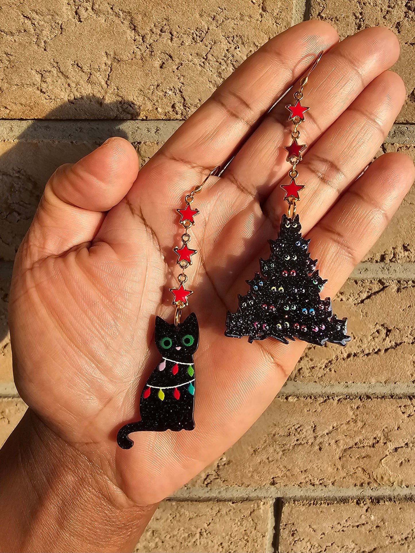 Christmas Cat Mismatched Earrings - Cat Pile Christmas Tree Earrings - Hypoallergenic Handmade Cat Gift